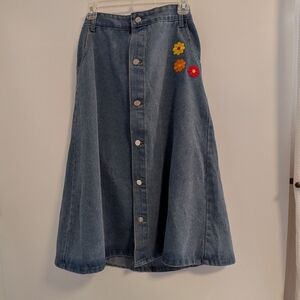 Denim Button-Down Skirt with Floral Embroidery
